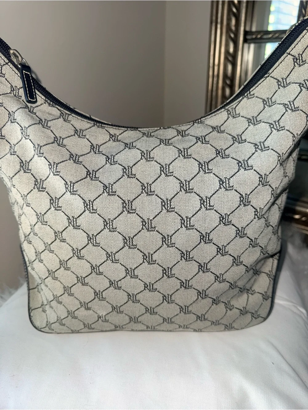 Vintage Lauren Ralph Lauren Gray Monogram Hobo Shoulder Bag
